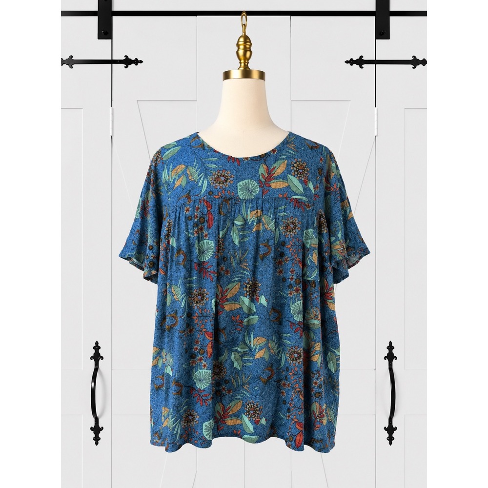 Susan Graver PURE Printed Crinkled Woven Flutter Sleeve Top Size L Blue Floral